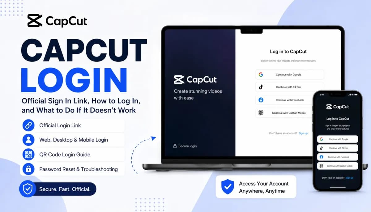 CapCut login guide showing the official sign in page, web and mobile login options, QR code login, and password reset help