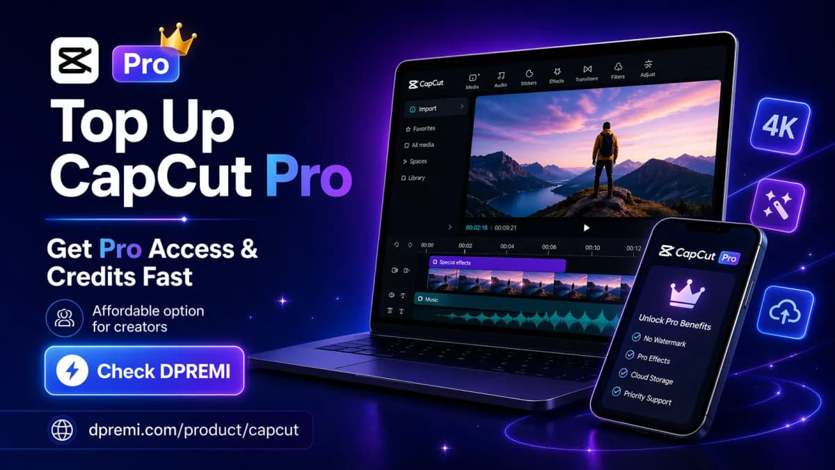 Top Up CapCut Pro landscape banner with CapCut Pro access, credits, and DPREMI offer